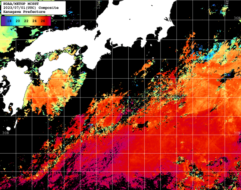 NOAA、MetOp 人工衛星画像 検索結果, 水温分布を図示