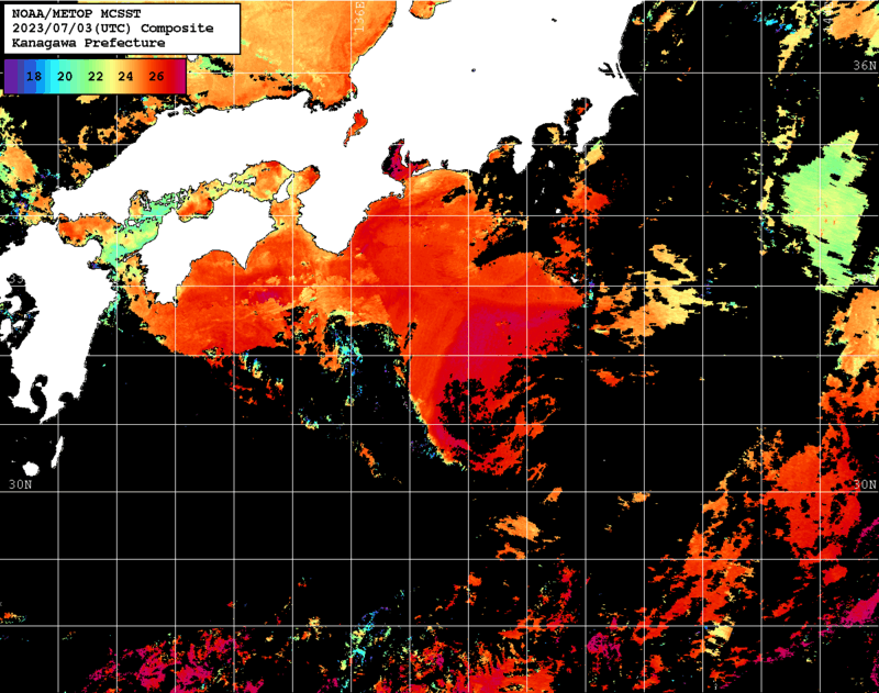 NOAA、MetOp 人工衛星画像 検索結果, 水温分布を図示