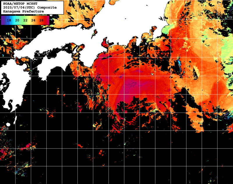 NOAA、MetOp 人工衛星画像 検索結果, 水温分布を図示