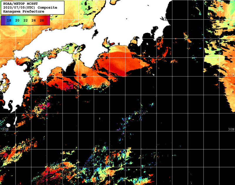 NOAA、MetOp 人工衛星画像 検索結果, 水温分布を図示