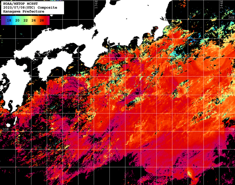 NOAA、MetOp 人工衛星画像 検索結果, 水温分布を図示
