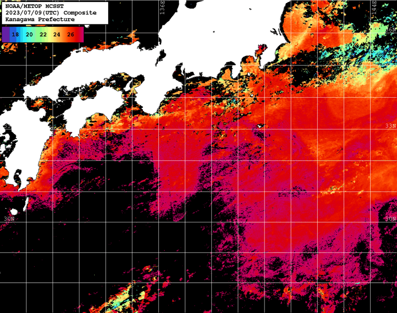 NOAA、MetOp 人工衛星画像 検索結果, 水温分布を図示
