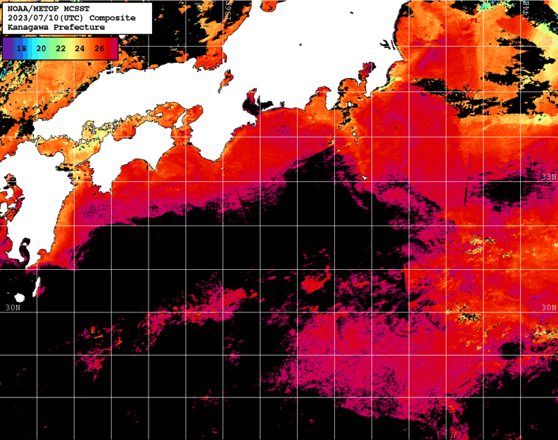 NOAA、MetOp 人工衛星画像 検索結果, 水温分布を図示