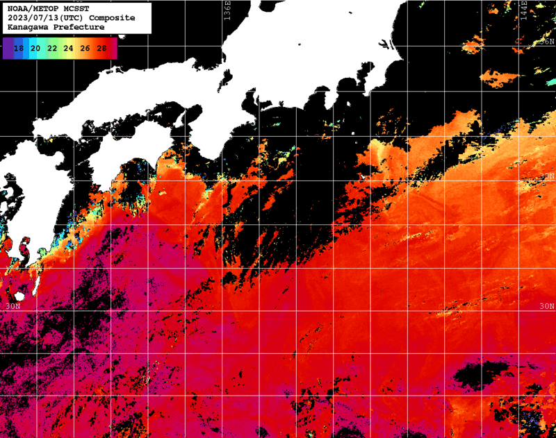 NOAA、MetOp 人工衛星画像 検索結果, 水温分布を図示