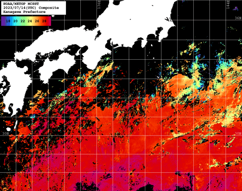 NOAA、MetOp 人工衛星画像 検索結果, 水温分布を図示