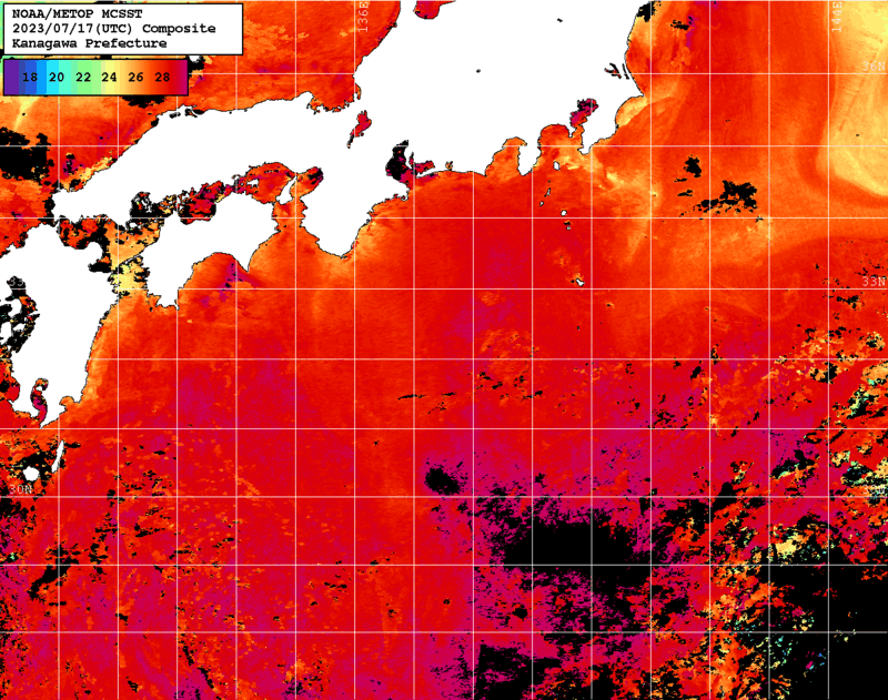 NOAA、MetOp 人工衛星画像 検索結果, 水温分布を図示