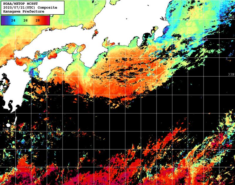 NOAA、MetOp 人工衛星画像 検索結果, 水温分布を図示