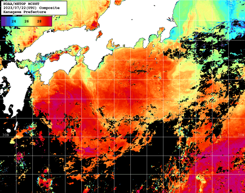 NOAA、MetOp 人工衛星画像 検索結果, 水温分布を図示