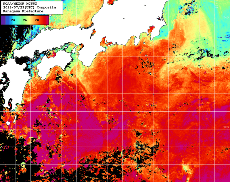NOAA、MetOp 人工衛星画像 検索結果, 水温分布を図示