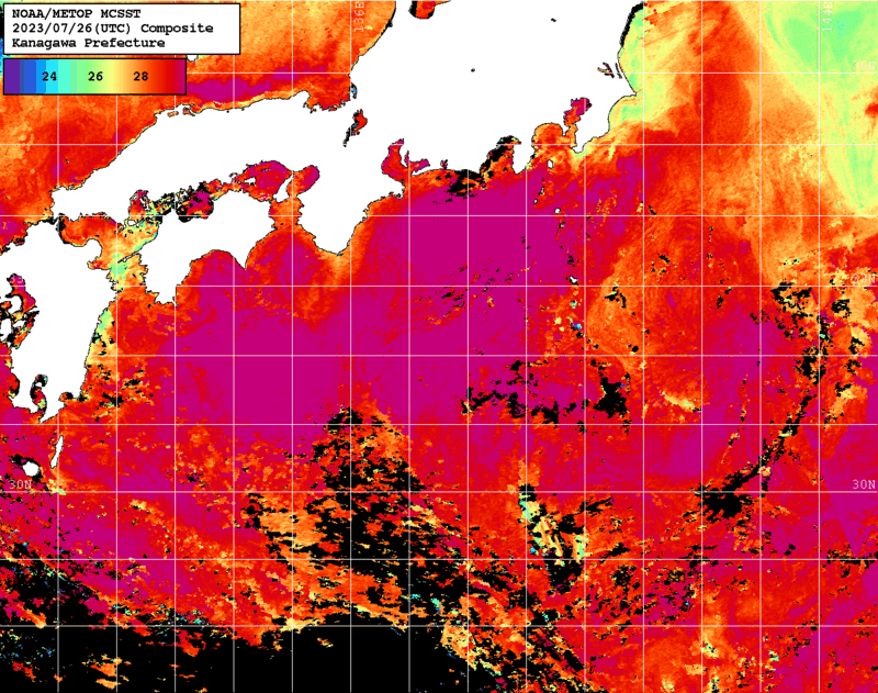 NOAA、MetOp 人工衛星画像 検索結果, 水温分布を図示