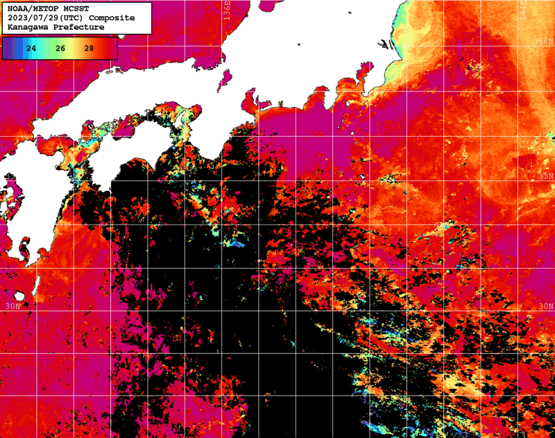NOAA、MetOp 人工衛星画像 検索結果, 水温分布を図示