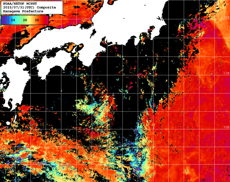 NOAA、MetOp 人工衛星画像 検索結果, 水温分布を図示
