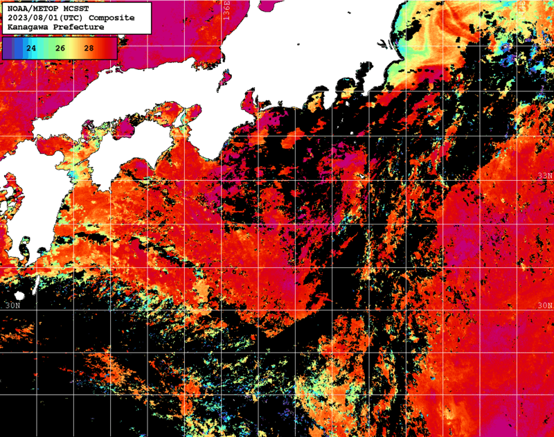 NOAA、MetOp 人工衛星画像 検索結果, 水温分布を図示