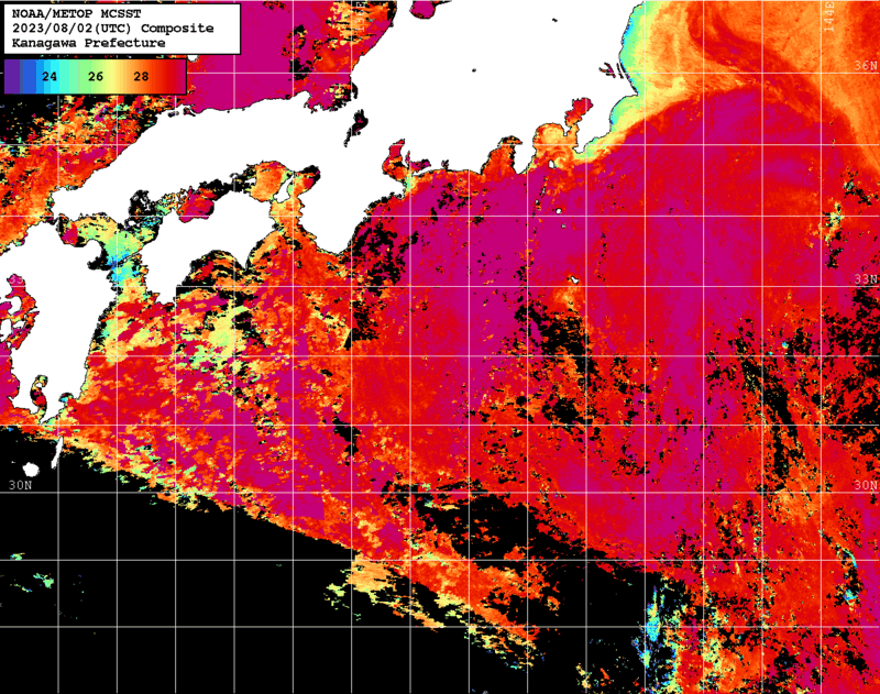NOAA、MetOp 人工衛星画像 検索結果, 水温分布を図示