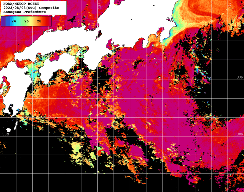 NOAA、MetOp 人工衛星画像 検索結果, 水温分布を図示