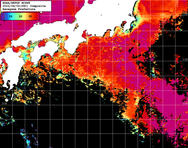 NOAA、MetOp 人工衛星画像 検索結果, 水温分布を図示