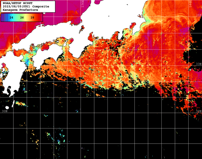 NOAA、MetOp 人工衛星画像 検索結果, 水温分布を図示