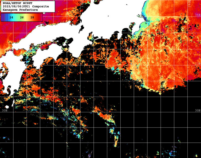 NOAA、MetOp 人工衛星画像 検索結果, 水温分布を図示