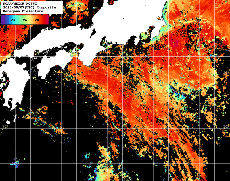 NOAA、MetOp 人工衛星画像 検索結果, 水温分布を図示