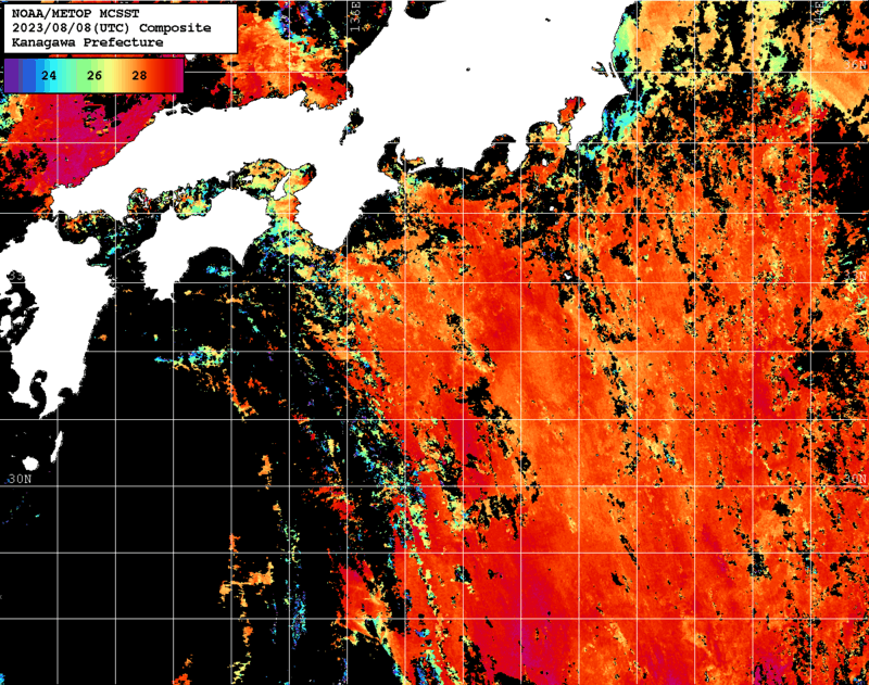 NOAA、MetOp 人工衛星画像 検索結果, 水温分布を図示