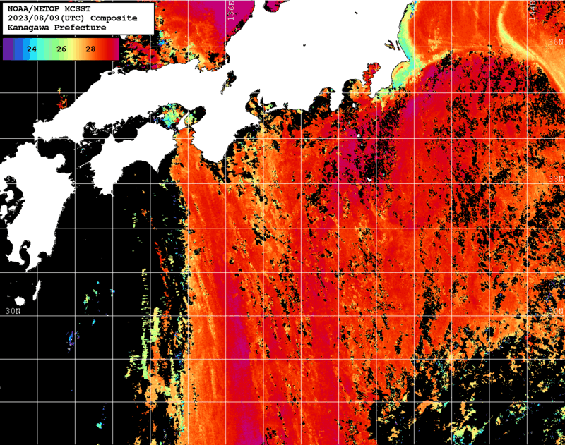 NOAA、MetOp 人工衛星画像 検索結果, 水温分布を図示