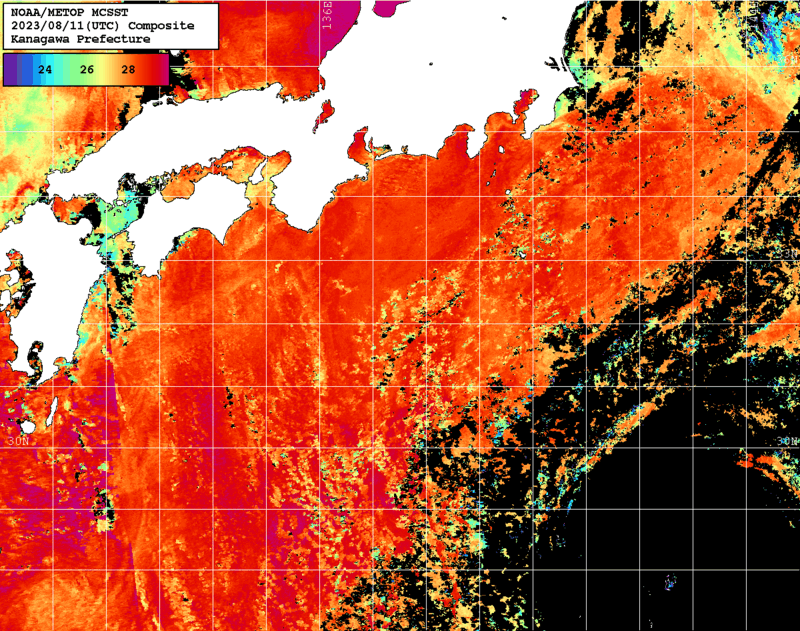 NOAA、MetOp 人工衛星画像 検索結果, 水温分布を図示