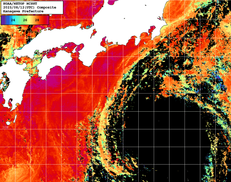 NOAA、MetOp 人工衛星画像 検索結果, 水温分布を図示