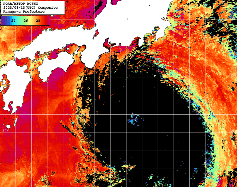 NOAA、MetOp 人工衛星画像 検索結果, 水温分布を図示