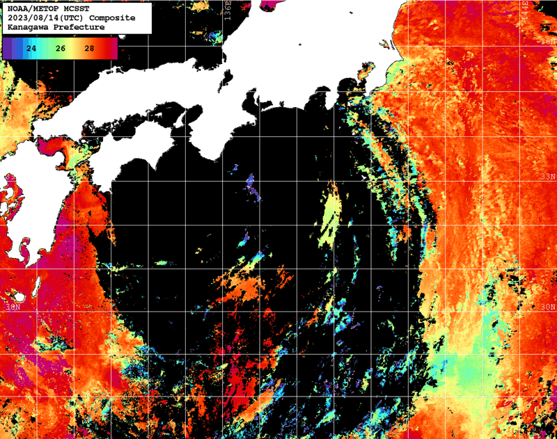 NOAA、MetOp 人工衛星画像 検索結果, 水温分布を図示