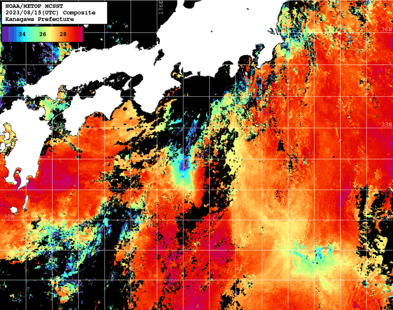 NOAA、MetOp 人工衛星画像 検索結果, 水温分布を図示