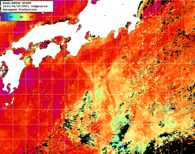 NOAA、MetOp 人工衛星画像 検索結果, 水温分布を図示