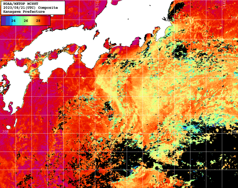NOAA、MetOp 人工衛星画像 検索結果, 水温分布を図示