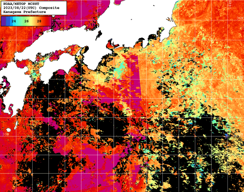 NOAA、MetOp 人工衛星画像 検索結果, 水温分布を図示