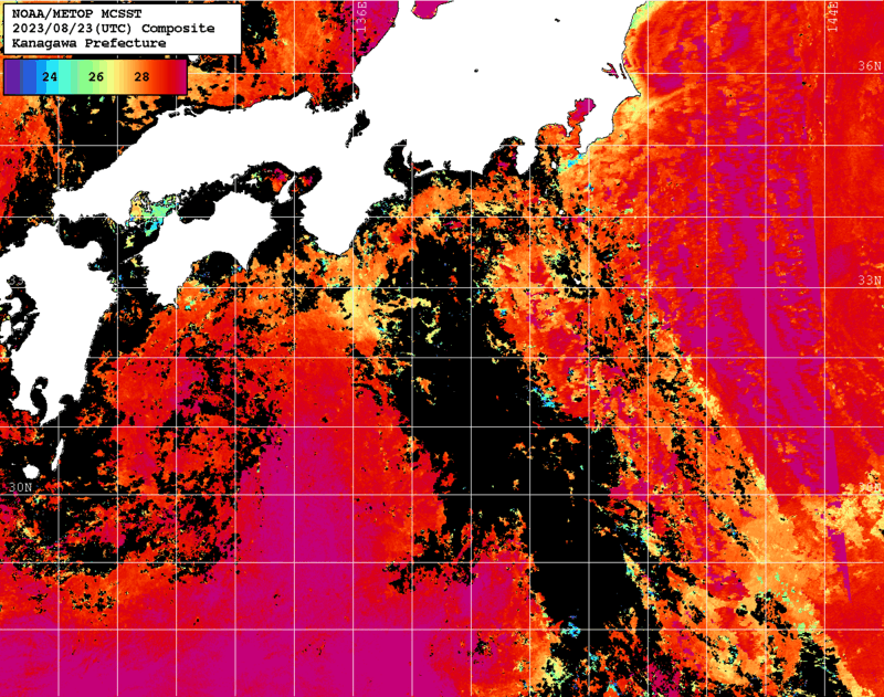 NOAA、MetOp 人工衛星画像 検索結果, 水温分布を図示