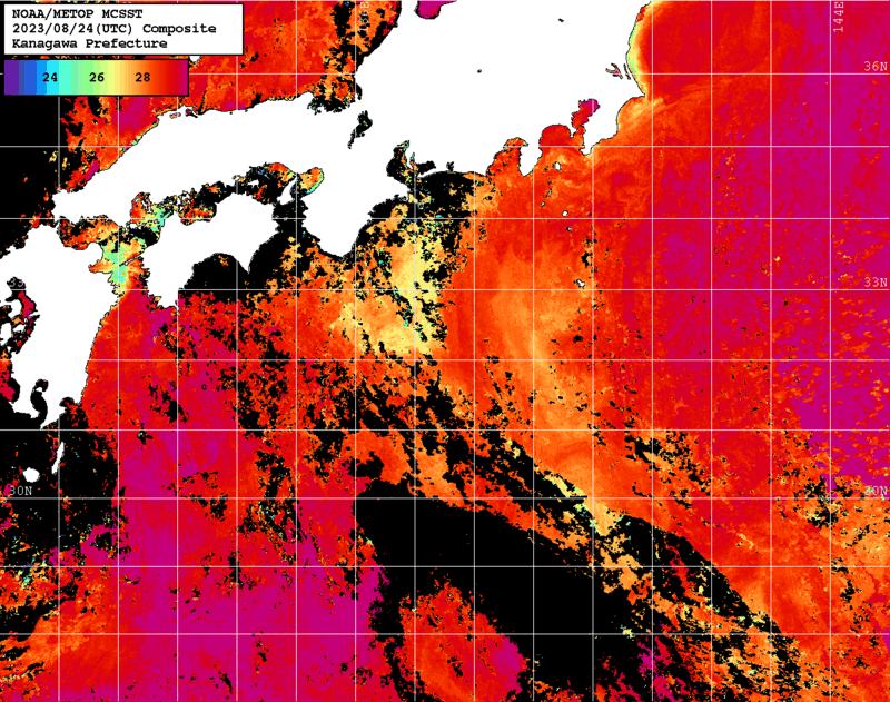 NOAA、MetOp 人工衛星画像 検索結果, 水温分布を図示