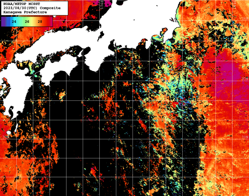 NOAA、MetOp 人工衛星画像 検索結果, 水温分布を図示