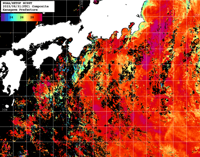 NOAA、MetOp 人工衛星画像 検索結果, 水温分布を図示