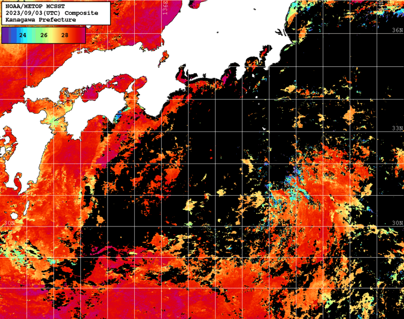 NOAA、MetOp 人工衛星画像 検索結果, 水温分布を図示