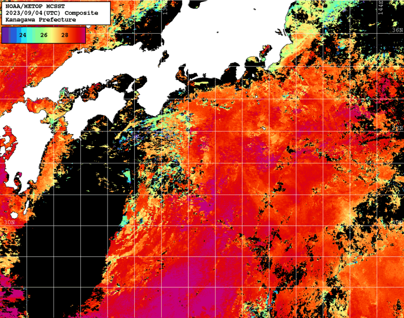 NOAA、MetOp 人工衛星画像 検索結果, 水温分布を図示