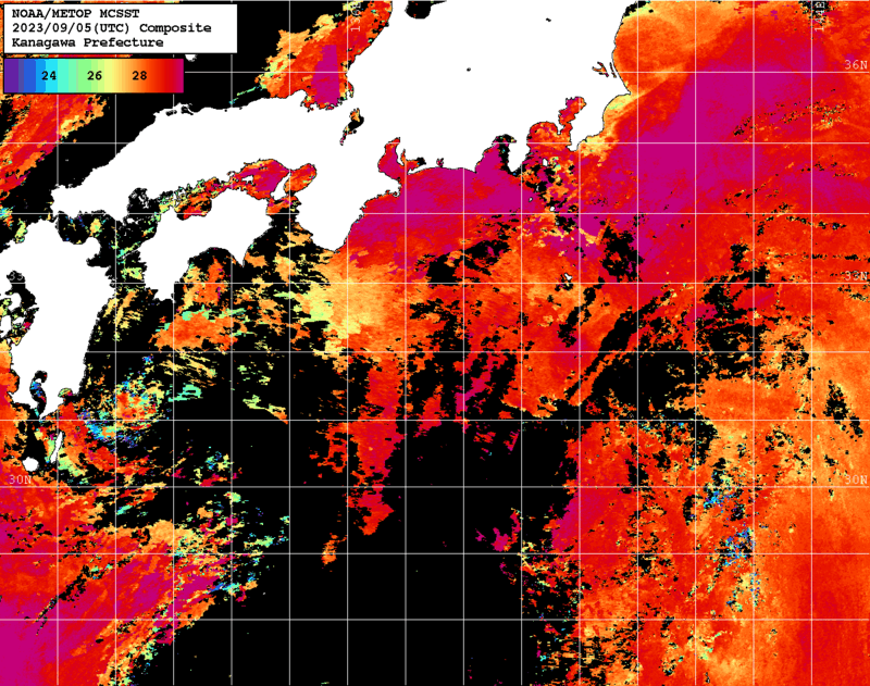 NOAA、MetOp 人工衛星画像 検索結果, 水温分布を図示