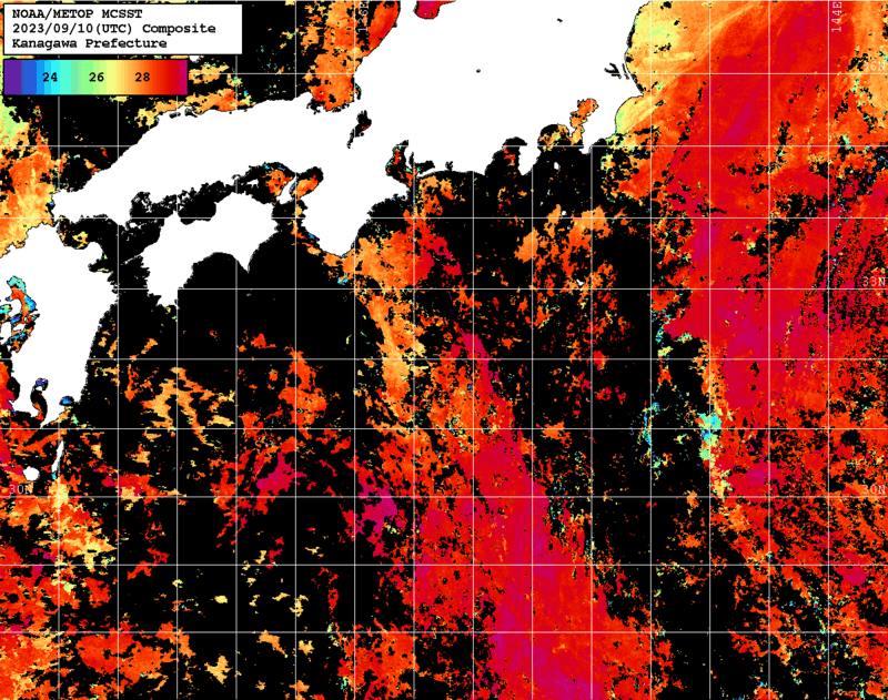 NOAA、MetOp 人工衛星画像 検索結果, 水温分布を図示