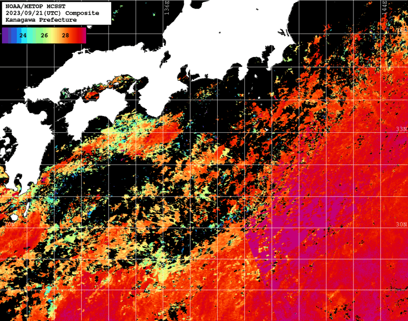 NOAA、MetOp 人工衛星画像 検索結果, 水温分布を図示