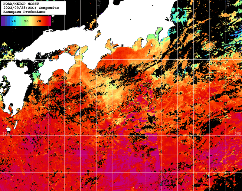 NOAA、MetOp 人工衛星画像 検索結果, 水温分布を図示
