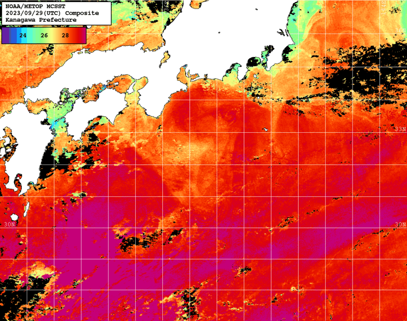 NOAA、MetOp 人工衛星画像 検索結果, 水温分布を図示