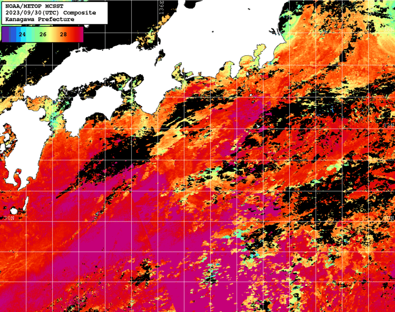 NOAA、MetOp 人工衛星画像 検索結果, 水温分布を図示