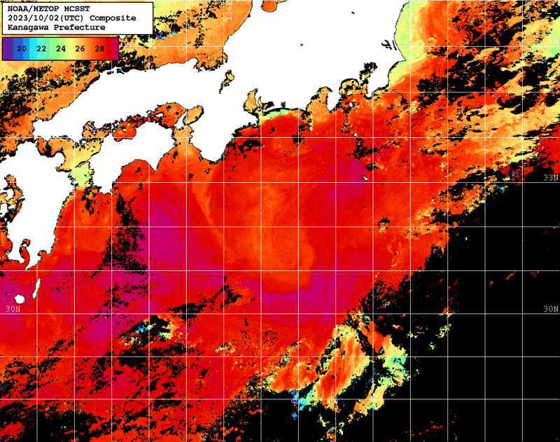 NOAA、MetOp 人工衛星画像 検索結果, 水温分布を図示