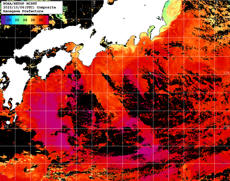 NOAA、MetOp 人工衛星画像 検索結果, 水温分布を図示