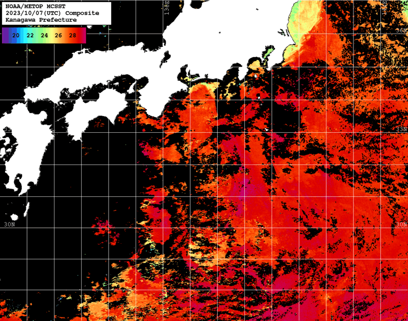 NOAA、MetOp 人工衛星画像 検索結果, 水温分布を図示