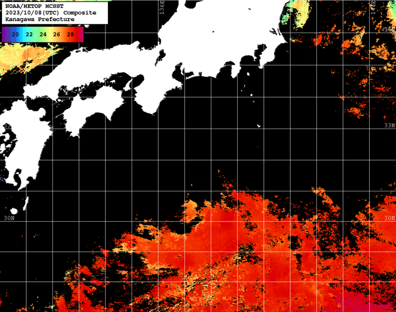 NOAA、MetOp 人工衛星画像 検索結果, 水温分布を図示
