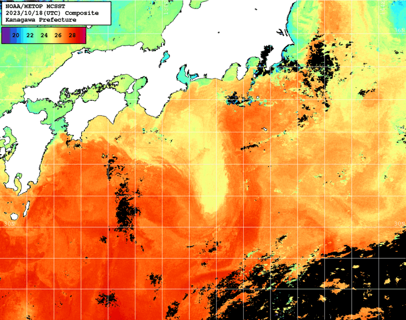 NOAA、MetOp 人工衛星画像 検索結果, 水温分布を図示